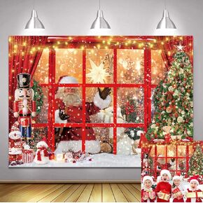 Christmas Store Santa Claus Photography Backdrop Xmas Tree Gifts Xmas Wall Window Decoration Christmas Santa Shop Background Winter Xmas Family Holiday Party Supplies (7x5ft)