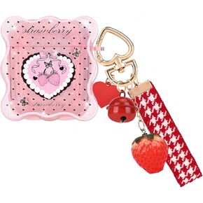 CameCosy Case for AirPods 1/2 Glitter Clear Wave Edge with Love Bell Keychain, Cute Strawberry Flowers Design Premium Soft TPU Shockproof Protective Cover for AirPods 2nd Generation