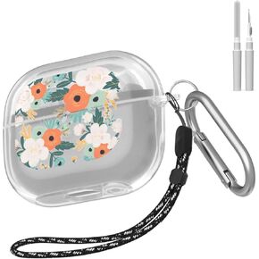 Cute Case Cover for Samsung Galaxy Buds3 Pro Case & Galaxy Buds 3 Case, Transparent TPU Skin Protective Case with Cleaner Kit & Keychain & Lanyard, Big Flowers