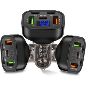 5 Ports PD30W LED Voltage Display QC3.0 Fast Charge USB C Car Charger Cigarette Lighter compatible with iPhone 16 15 14 13 12 11 Pro Max Plus Samsung Galaxy S24 Ultra S23 and More Phone Charger