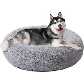 Large Dog Bed, Calming Donut Round Cat Bed for Medium Pet, Comfy Luxury Cuddler Anti Anxiety Plush Furry Cusion Mat(Grey 31.5")