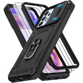 for Galaxy A23 5G Phone Case with Slide Camera Cover & Screen Protector*2, A23 Case Build in 360° Rotating Ring Kickstand, Military Grade Protective Case for Samsung Galaxy A23 5G Case, Black