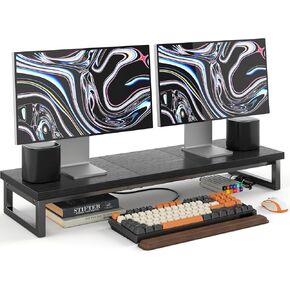 CAIYUN Dual Monitor Stand for Desk, Computer Monitors Riser for 39 inch Full Desktop, Wooden and Metal Monitor Stand for 2 Monitors, White Laptop Riser, TV Riser, Pet Bowls Riser, Printer Riser