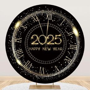 Leowefowa Happy New Year Round Photo Backdrop Cover Black and Glod Clock Countdown 2025 New Year Background Gold Glitter Dot New Year Eve Party Banner Decor Photo Studio Props 7.2x7.2ft