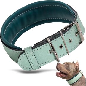 Leather Dog Collar, Large Dog Collar, Padded Heavy Duty Dog Collar with Dog Tag Holder, Red Dog Collar (Large, Red), 2 inches Wide Soft pading, Medium Dog Collar.