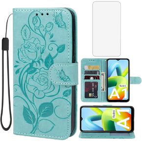Case for Redmi A1 Plus Case, Redmi A1+/Redmi A2 Plus/Poco C51 Wallet Case with Tempered Glass Screen Protector, Flower Leather Flip Credit Card Holder Stand Phone Cover for Redmi A1 + Rose Gold