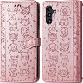 MEUPZZK Samsung Galaxy A14 5G Case, Samsung A14 5G Wallet Case, Embossed Cat and Dog Premium PU Leather [Kickstand][Card Slots][Wrist Strap][6.6 inch] Phone Cover for Samsung A14 5G (C-Rose)