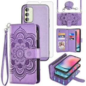 Asuwish Phone Case for Samsung Galaxy A24 4G/5G Zipper Wallet Magnetic Detachable Cell Cover with Tempered Glass Screen Protector Crossbody Strap Flower Card Holder A 24 24A LTE Women Girls Rose Gold