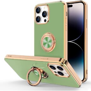 Hython Case for iPhone 14 Pro Case with Ring Stand [360° Rotatable Ring Holder Magnetic Kickstand] [Support Car Mount] Plated Rose Gold Edge Slim Soft TPU Luxury Protective Phone Case Cover, White
