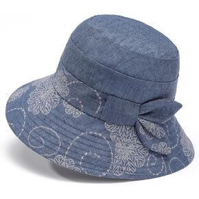 Summer Beach Sun Hats for Women Ladies Wide Brim Floral Cotton Packable Bucket Hat Travel Sun Protection UPF 50+ Hat
