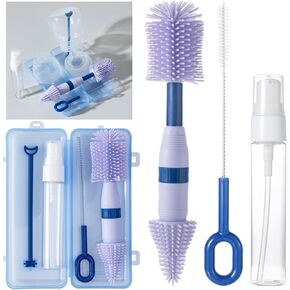 4-in-1 Portable Baby Bottle Brush, Travel Bottle Cleaner Kit with Silicone Bottle Brush, Nipple Brush, Straw Brush, Drying Rack, Dispenser, Organizer, Baby Travel Essential, Gifts for New Mom - Pink