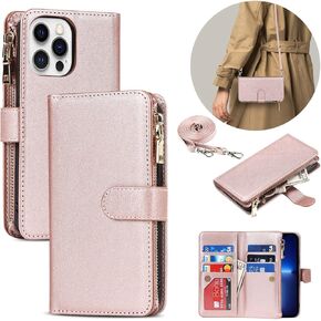 iCoverCase for iPhone 13 Pro Wallet Case with Card Holder and Adjustable Crossbody Lanyard, PU Leather Kickstand Card Slots [Not Detachable] Flip Cover Case 6.1 Inch (Black), Black