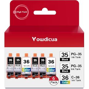 PGI-35 CLI-36 Ink Cartridge High Yield (6-Pack, 4 Black, 2 Color) Vowdic Compatible Replacement for Canon 35 36 Ink Cartridge to use with PIXMA iP100, iP110, TR150 Printer