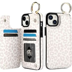 HAOPINSH for iPhone 15 Plus Case Wallet with Card Holder, White Leopard Cheetah Pattern Back Flip Folio PU Leather Kickstand Card Slots Case for Women Girls, Double Magnetic Clasp Case 6.7"