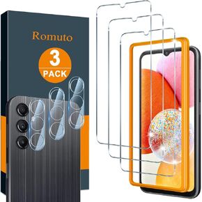 【 3+3 عبوات】Romuto مصمم لهاتف Samsung Galaxy A14 5G واقي شاشة Samsung A14 5G واقي شاشة من الزجاج المقوى، أداة سهلة التركيب 9H، فائقة الدقة، مقاومة للخدش، سهلة التركيب، صديقة للحافظة