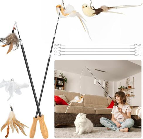 ROSAUI Cat Teaser Wand Toys, Interactive Bird Toys for Indoor Kittens, 42.15’’ Long Cat Fishing Pole Toys, 2Pcs Wires and 5Pcs Natural Refills, Sustainable Wooden Handles, Exercising, Playing in Kuwait