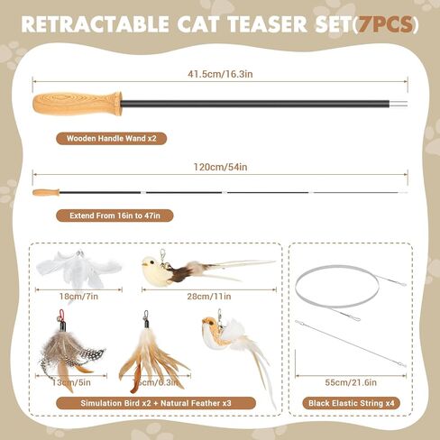 ROSAUI Cat Teaser Wand Toys, Interactive Bird Toys for Indoor Kittens, 42.15’’ Long Cat Fishing Pole Toys, 2Pcs Wires and 5Pcs Natural Refills, Sustainable Wooden Handles, Exercising, Playing in Kuwait