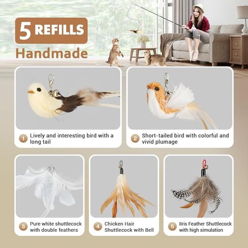 ROSAUI Cat Teaser Wand Toys, Interactive Bird Toys for Indoor Kittens, 42.15’’ Long Cat Fishing Pole Toys, 2Pcs Wires and 5Pcs Natural Refills, Sustainable Wooden Handles, Exercising, Playing in Kuwait