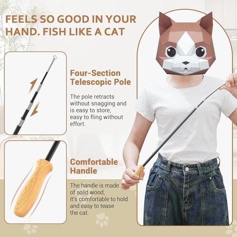 ROSAUI Cat Teaser Wand Toys, Interactive Bird Toys for Indoor Kittens, 42.15’’ Long Cat Fishing Pole Toys, 2Pcs Wires and 5Pcs Natural Refills, Sustainable Wooden Handles, Exercising, Playing in Kuwait