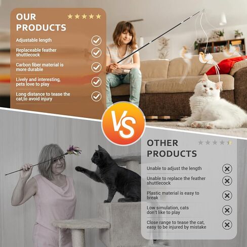 ROSAUI Cat Teaser Wand Toys, Interactive Bird Toys for Indoor Kittens, 42.15’’ Long Cat Fishing Pole Toys, 2Pcs Wires and 5Pcs Natural Refills, Sustainable Wooden Handles, Exercising, Playing in Kuwait