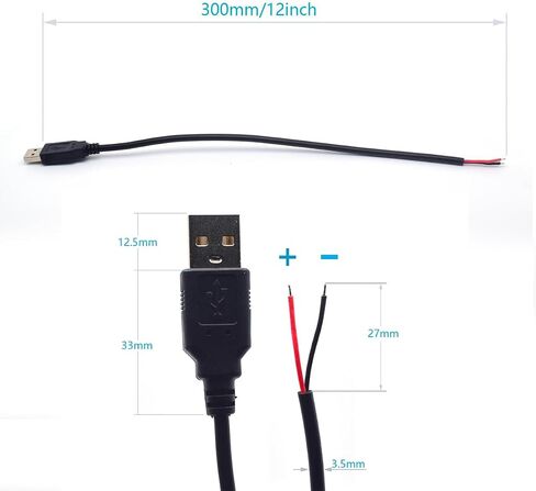 18AWG Single USB Pigtail 2 Wire,0.3M/1FT 5V 7A USB 2.0 Male Plug 2pin Bare Wire Replacement USB End for USB A Connector DIY Power Breakout Cable in Saudi Arabia