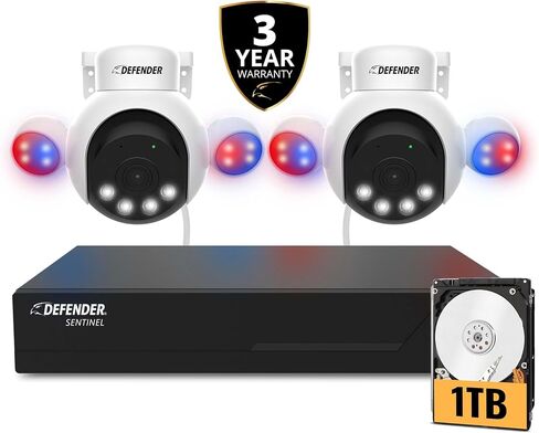 Defender AI Powered Sentinel 4K PTZ Wired Security Camera System with 2 PTZ Cameras, 1TB NVR, 360° AI Tracking, Smart Human Detection, Blue-Red Flashing Light, Color Night Vision, 3 Year Warranty in Saudi Arabia