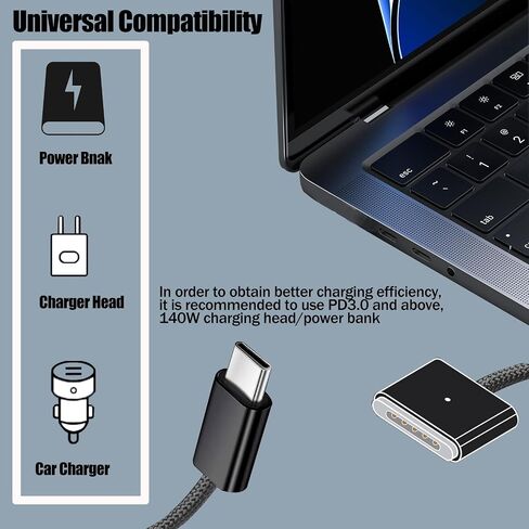كابل USB-C إلى مغناطيسي 140 واط 3 لكابل شحن MacBook Pro 2021 M1 Pro & Max Chip 14" 16"، MacBook Air 2022 M2، MacBook Pro 2023 M2 Pro & Max Chip 14"-16"، كابل Safe 3 لجهاز MacBook - 6.6 قدم in Saudi Arabia