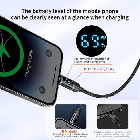 mcdodo New Power Display USB C إلى Lightning Cable، PD 36W عرض متزامن لسلك شحن سريع لطاقة الهاتف المحمول لهاتف iPhone 14 13 12 Pro Max 11 X XS XR 8 Plus، AirPods Pro، iPad 9 8 7 6 5 (أسود) in Saudi Arabia