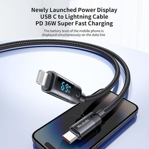 mcdodo New Power Display USB C إلى Lightning Cable، PD 36W عرض متزامن لسلك شحن سريع لطاقة الهاتف المحمول لهاتف iPhone 14 13 12 Pro Max 11 X XS XR 8 Plus، AirPods Pro، iPad 9 8 7 6 5 (أسود) in Saudi Arabia