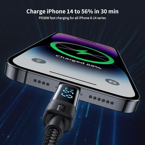 mcdodo New Power Display USB C إلى Lightning Cable، PD 36W عرض متزامن لسلك شحن سريع لطاقة الهاتف المحمول لهاتف iPhone 14 13 12 Pro Max 11 X XS XR 8 Plus، AirPods Pro، iPad 9 8 7 6 5 (أسود) in Saudi Arabia