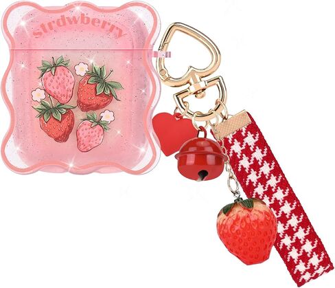 CameCosy Case for AirPods 1/2 Glitter Clear Wave Edge with Love Bell Keychain, Cute Strawberry Flowers Design Premium Soft TPU Shockproof Protective Cover for AirPods 2nd Generation in Saudi Arabia