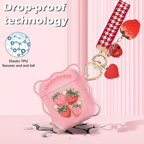 CameCosy Case for AirPods 1/2 Glitter Clear Wave Edge with Love Bell Keychain, Cute Strawberry Flowers Design Premium Soft TPU Shockproof Protective Cover for AirPods 2nd Generation in Saudi Arabia