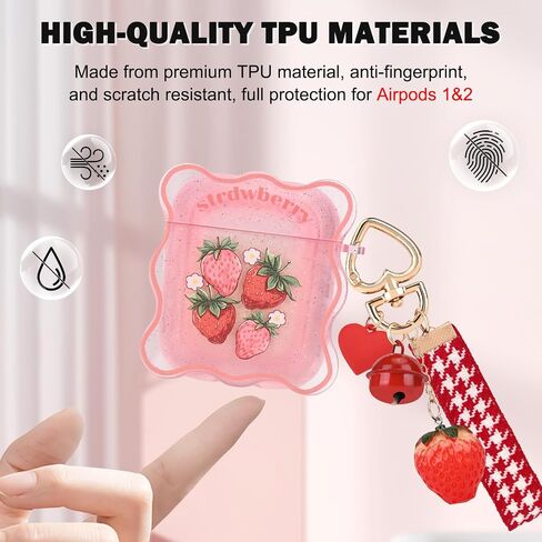 CameCosy Case for AirPods 1/2 Glitter Clear Wave Edge with Love Bell Keychain, Cute Strawberry Flowers Design Premium Soft TPU Shockproof Protective Cover for AirPods 2nd Generation in Saudi Arabia