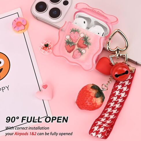 CameCosy Case for AirPods 1/2 Glitter Clear Wave Edge with Love Bell Keychain, Cute Strawberry Flowers Design Premium Soft TPU Shockproof Protective Cover for AirPods 2nd Generation in Saudi Arabia
