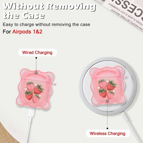 CameCosy Case for AirPods 1/2 Glitter Clear Wave Edge with Love Bell Keychain, Cute Strawberry Flowers Design Premium Soft TPU Shockproof Protective Cover for AirPods 2nd Generation in Saudi Arabia