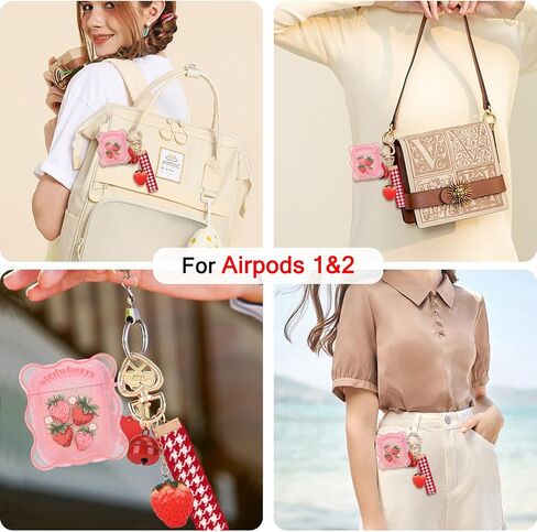 CameCosy Case for AirPods 1/2 Glitter Clear Wave Edge with Love Bell Keychain, Cute Strawberry Flowers Design Premium Soft TPU Shockproof Protective Cover for AirPods 2nd Generation in Saudi Arabia