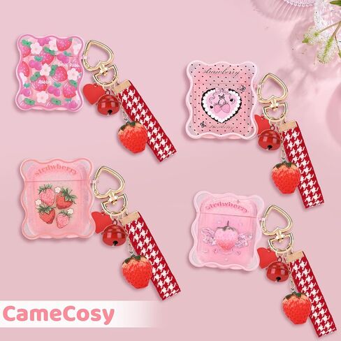 CameCosy Case for AirPods 1/2 Glitter Clear Wave Edge with Love Bell Keychain, Cute Strawberry Flowers Design Premium Soft TPU Shockproof Protective Cover for AirPods 2nd Generation in Saudi Arabia