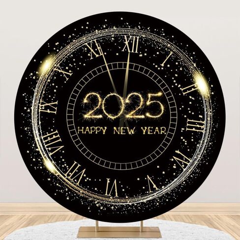 Leowefowa Happy New Year Round Photo Backdrop Cover Black and Glod Clock Countdown 2025 New Year Background Gold Glitter Dot New Year Eve Party Banner Decor Photo Studio Props 7.2x7.2ft in Kuwait