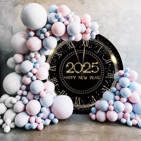 Leowefowa Happy New Year Round Photo Backdrop Cover Black and Glod Clock Countdown 2025 New Year Background Gold Glitter Dot New Year Eve Party Banner Decor Photo Studio Props 7.2x7.2ft in Kuwait