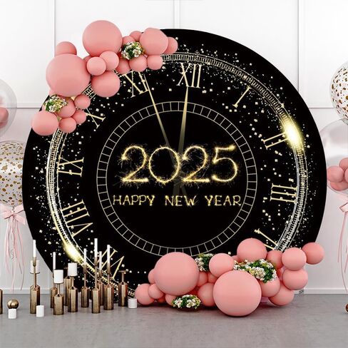 Leowefowa Happy New Year Round Photo Backdrop Cover Black and Glod Clock Countdown 2025 New Year Background Gold Glitter Dot New Year Eve Party Banner Decor Photo Studio Props 7.2x7.2ft in Kuwait