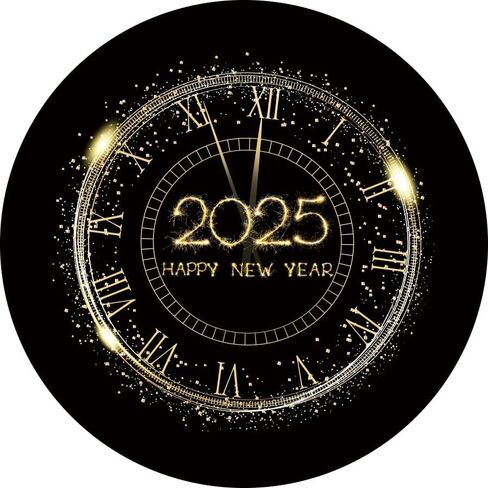 Leowefowa Happy New Year Round Photo Backdrop Cover Black and Glod Clock Countdown 2025 New Year Background Gold Glitter Dot New Year Eve Party Banner Decor Photo Studio Props 7.2x7.2ft in Kuwait