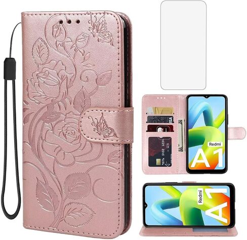 Case for Redmi A1 Plus Case, Redmi A1+/Redmi A2 Plus/Poco C51 Wallet Case with Tempered Glass Screen Protector, Flower Leather Flip Credit Card Holder Stand Phone Cover for Redmi A1 + Rose Gold in Saudi Arabia