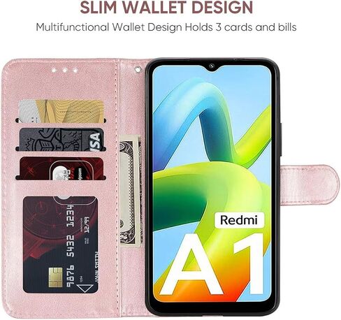 Case for Redmi A1 Plus Case, Redmi A1+/Redmi A2 Plus/Poco C51 Wallet Case with Tempered Glass Screen Protector, Flower Leather Flip Credit Card Holder Stand Phone Cover for Redmi A1 + Rose Gold in Saudi Arabia