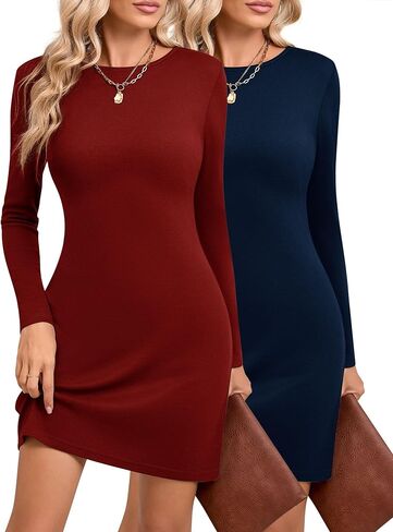 2 Pack Women's Club Long Sleeve Mini Dresses Boat Neck Slim Fit Bodycon Dresses Casual Short Party Dresses Fall 2024 in Kuwait