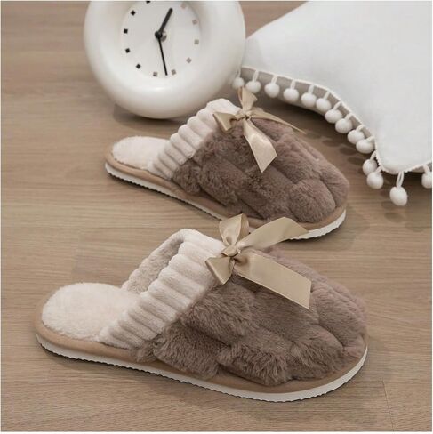 Verdusa Women's Bow Knot Fuzzy House Slippers Outdoor Warm Slip on Slipper in Saudi Arabia