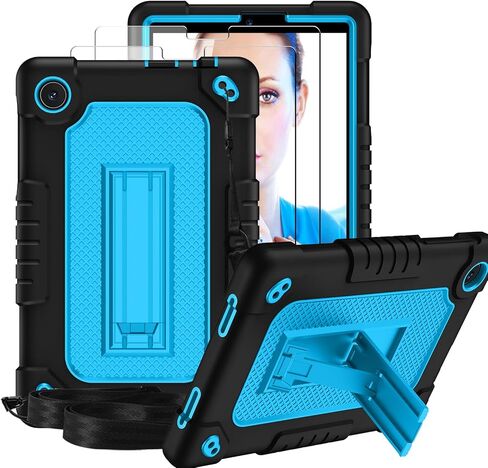for TCL Tab 8 Plus/WiFi 9132X / LE 9137W Tab Case Soft Silicone Rubber Had Back Shell Kids Friendly Built in Stand Shoulder Strap for TCL Tab 8 Come with Screen Protector (Black+Black/1 Pcs) in Kuwait