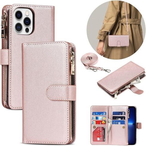 iCoverCase for iPhone 13 Pro Wallet Case with Card Holder and Adjustable Crossbody Lanyard, PU Leather Kickstand Card Slots [Not Detachable] Flip Cover Case 6.1 Inch (Black), Black in Kuwait