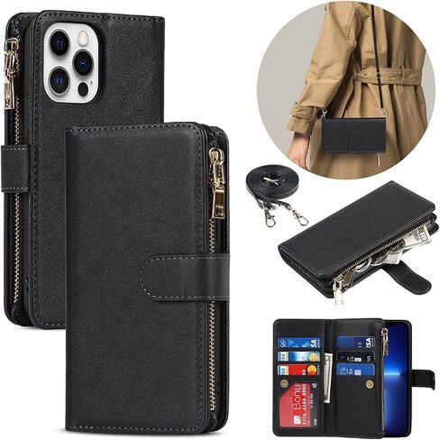 iCoverCase for iPhone 13 Pro Wallet Case with Card Holder and Adjustable Crossbody Lanyard, PU Leather Kickstand Card Slots [Not Detachable] Flip Cover Case 6.1 Inch (Black), Black in Kuwait