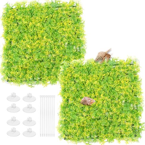 2PCS Hermit Crab Climbing Toys, 10 x 10 Inch Square Plastic Aquarium Grass Mat Decoration with 8 Suction Cups Hermit Crab Plants Lawn Supplies Hermit Crab Hideout Hermit Crab Tank Decor in Saudi Arabia