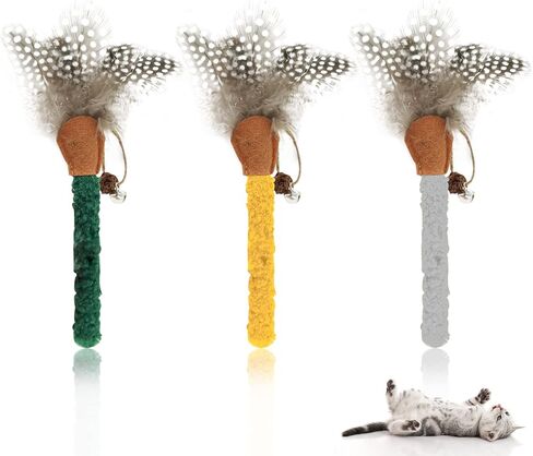 Andiker 3Pcs Cat Chew Sticks, Catnip Chew Toys with Feather Funny Cat Feather Toys Silvervine Matatabi Sticks for Cats Teeth Cleaning Chewing Relax (Yellow+Green+Grey) in Saudi Arabia